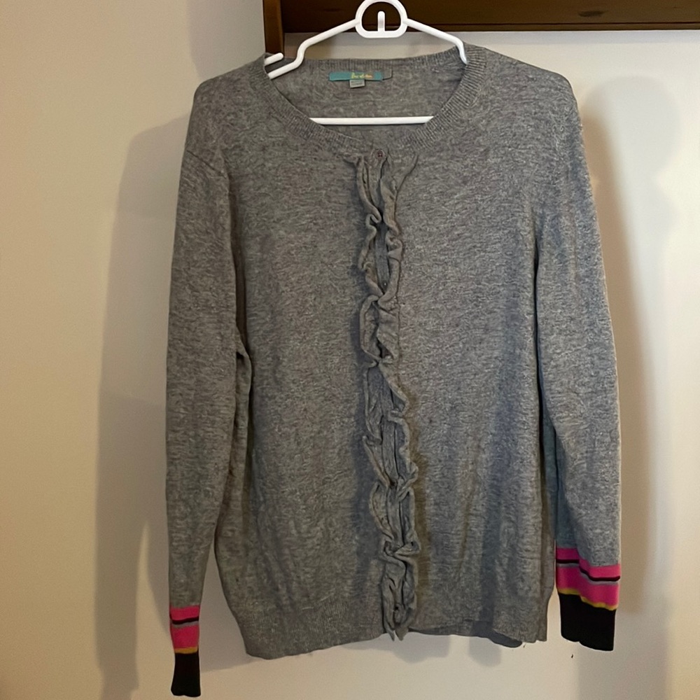 Boden USA Grey Ruffle Cardigan with Striped Sleeves